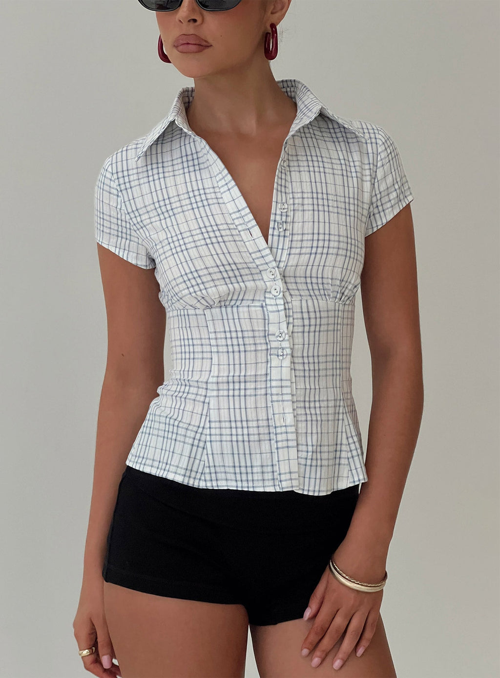 Princess Polly Lower Impact Cottesloe Blouse Top Blau Karo