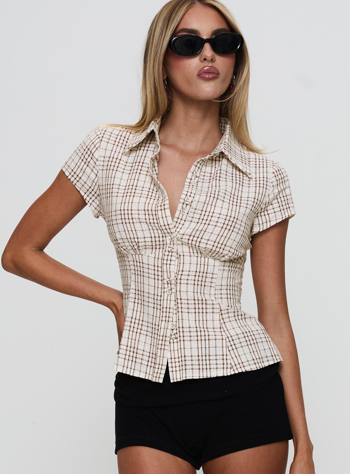 Princess Polly Cottesloe Blouse Top Bruin Geruit